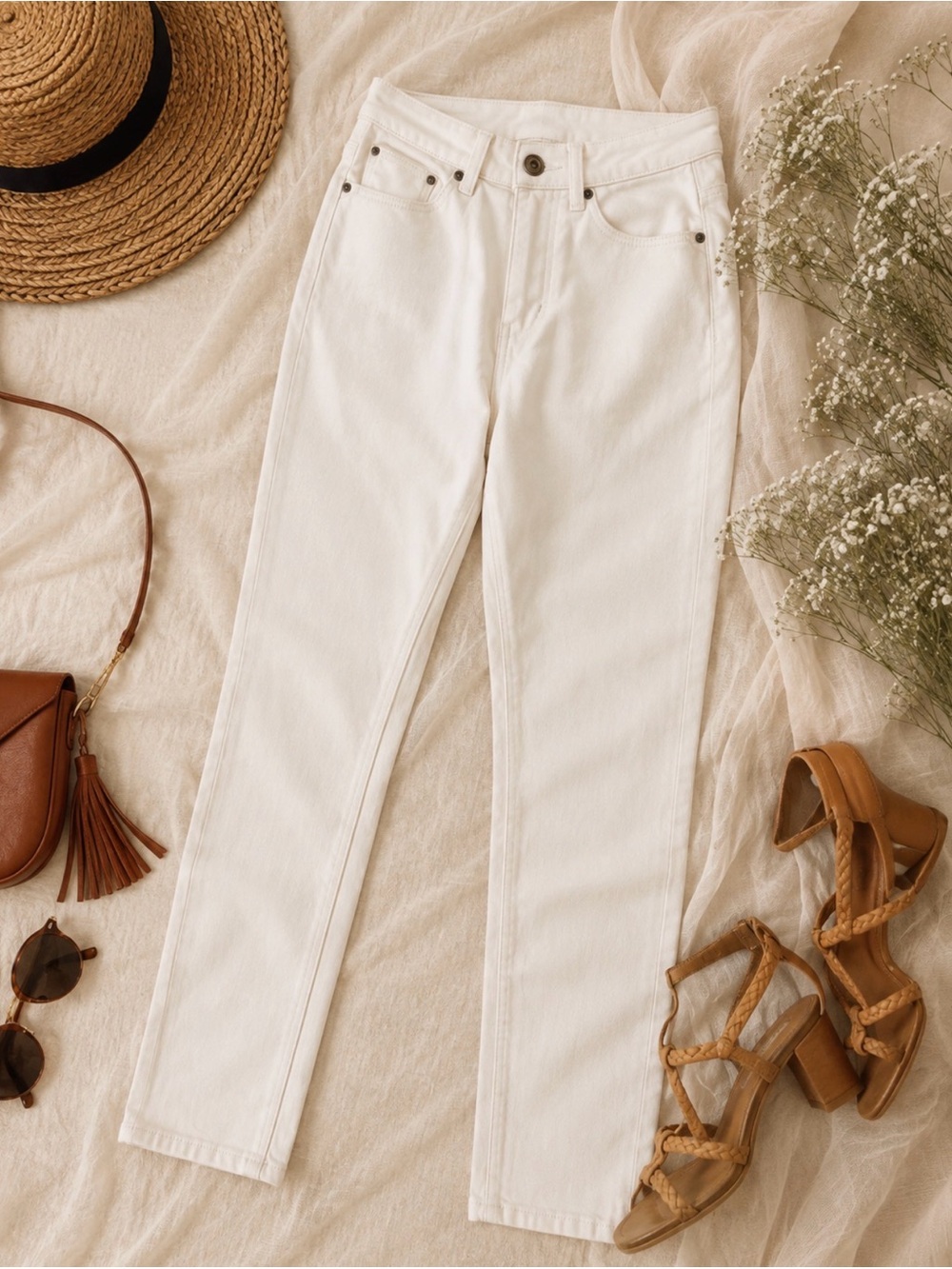 High Rise Slender Straight Jeans In Cream